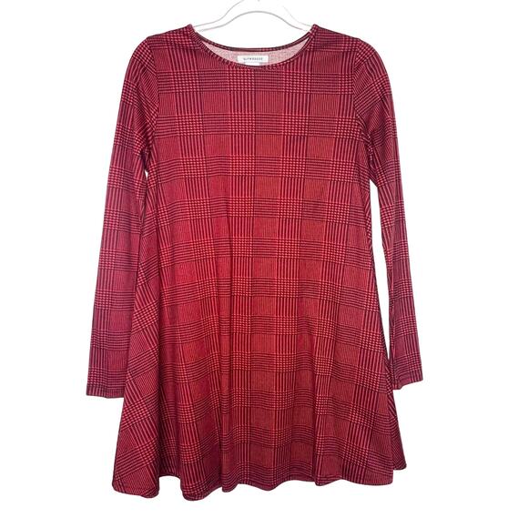 GLAMOROUS Long Sleeve Houndstooth Plaid Mini T-Shirt Dress Red Black Size Small - Picture 1 of 5